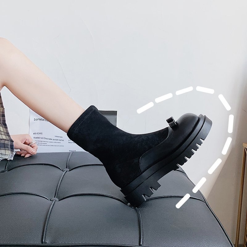 Bottes d'hiver dame talon plat femme chaussures bottes-femmes bout rond mi mollet bas caoutchouc Lolita automne Med Rock