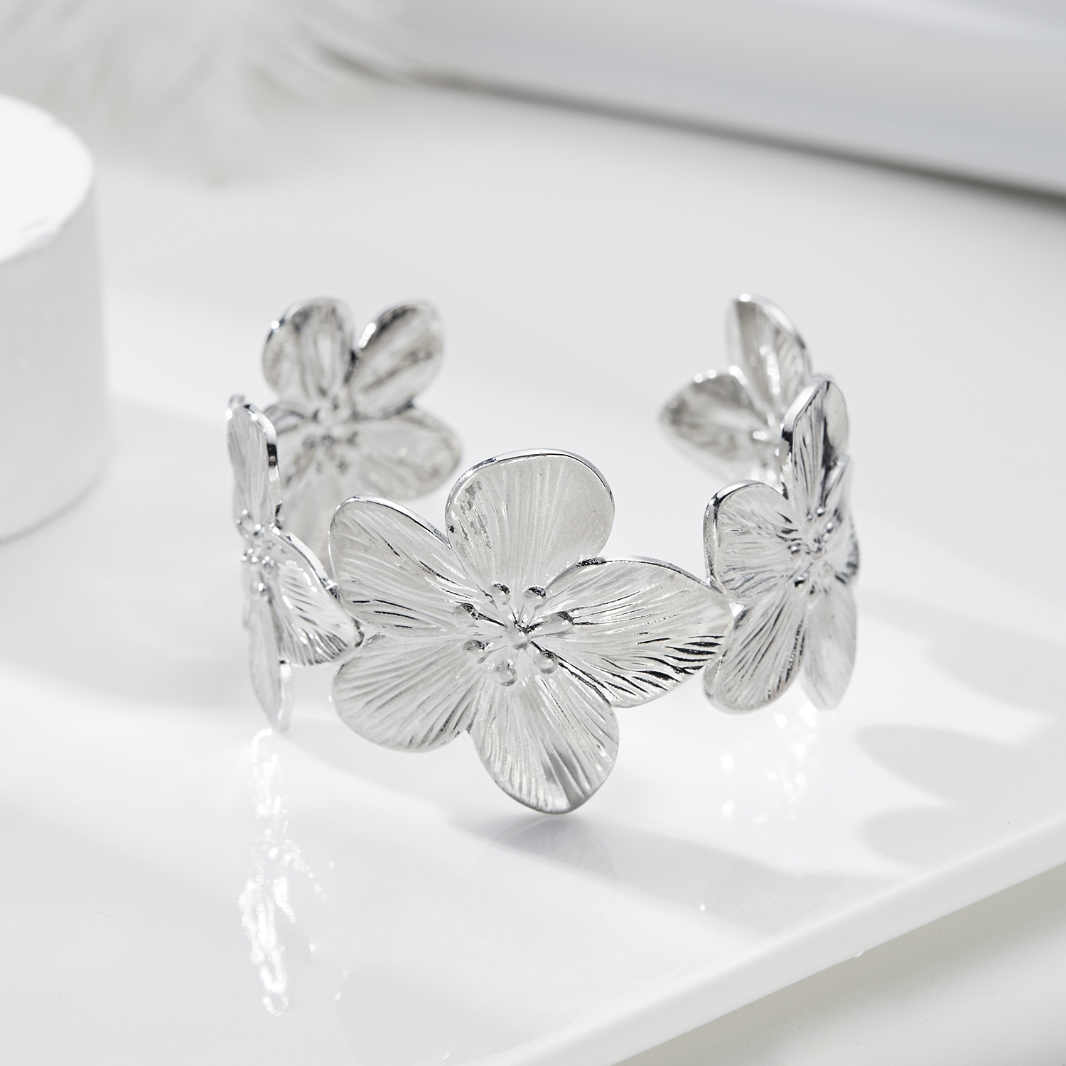 Stainless Steel Hollow Flower Butterfly Open Wide Bracelet Gold Plated Adjustable Cuff Bracelets For Women Jewelry: SILVER PLATED