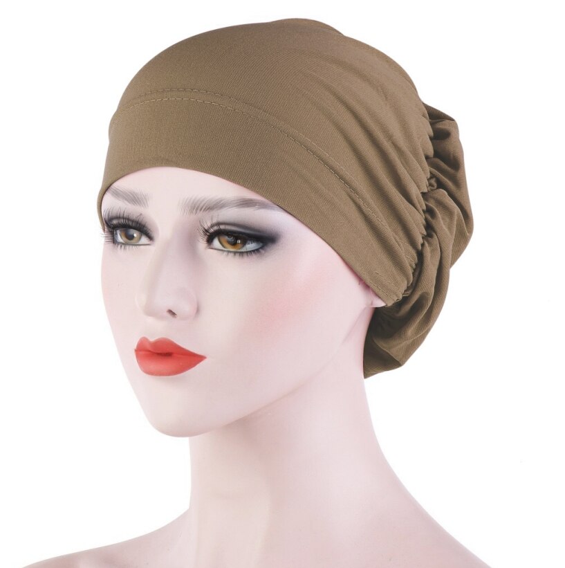 Vrouwen haaruitval sjaal elastisch dame kanker chemo pet moslim tulband hoed arab hoofddoek muts hoofddeksels skullies effen kleur: Koffie