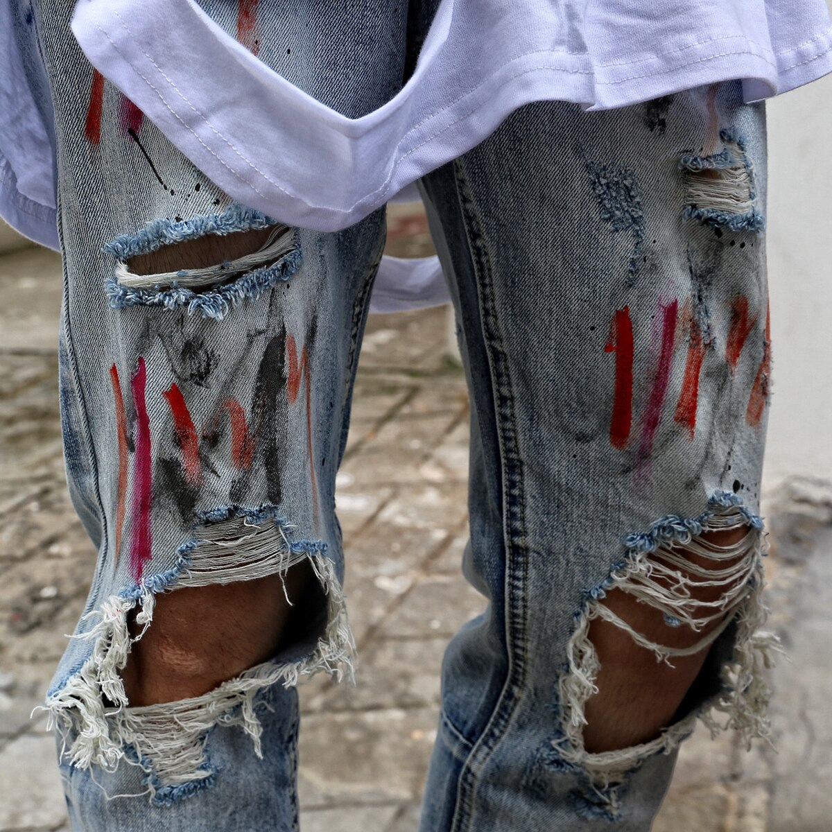 UNCLEDONJM Graffiti Destroy Broken Jeans Men Denim... – Grandado