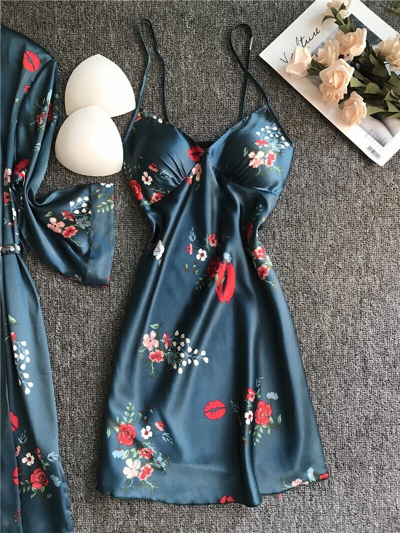 Women Satin Sleepwear Robe Sexy Silk Robe Gown Set Sleep Lounge Indoor Clothing Ladies Nightwear Nightdress With Chest Pads