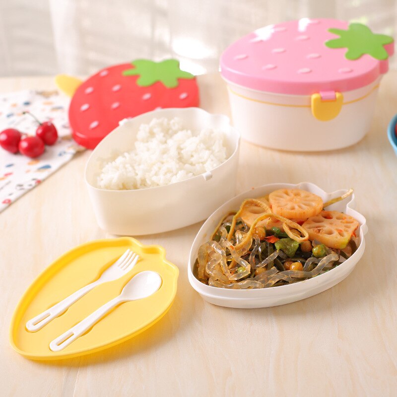 500ml Strawberry Shape Lunch Box,2 Layer Food Fruit Storage Bento Boxs Red Pink Microwave Tableware Kid Cute School Bowl
