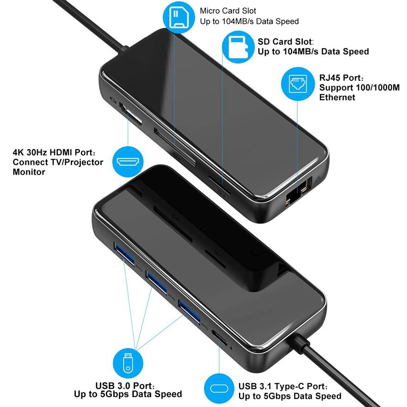 Multifunktion usb c hub adapter 8 in1 gigabit  rj45+ usb 3.0 x 3+ pd+hdmi+sd/minilæser usb hub til telefon bærbar
