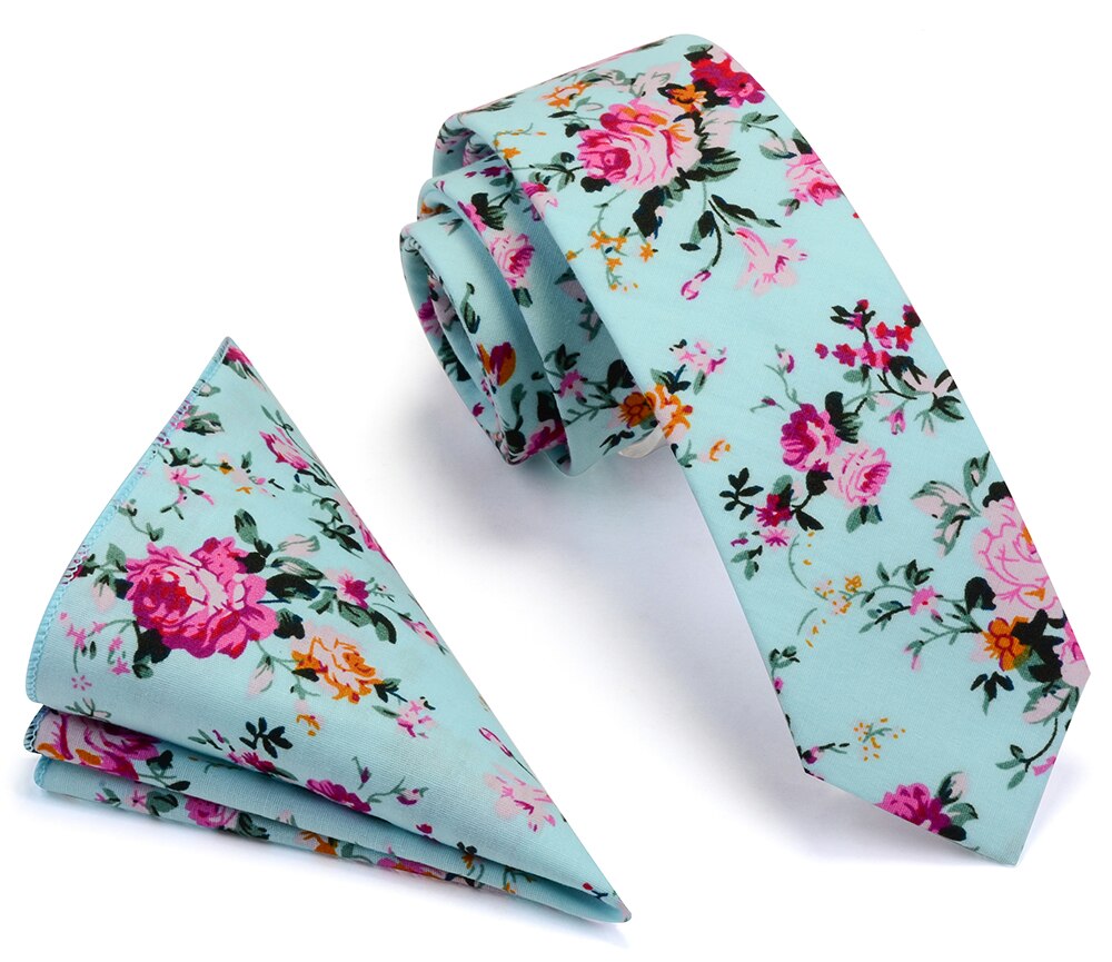 Ricnais 100% Cotton 6cm Slim Pocket Square Necktie Set Red Bule Floral Print Handkerchief Ties Set For Men Party Skinny Neck Tie: 01