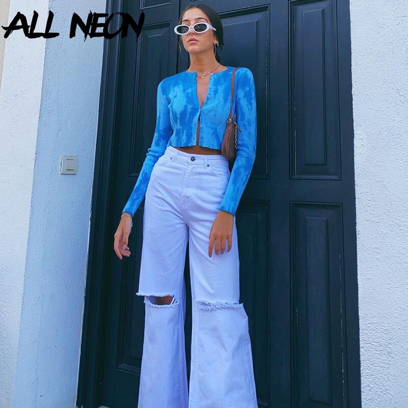 ALLNeon Y2K High Waist Ripped Jeans Vintage E-girl Aesthetics Hole Wide-leg Baggy Pants 90s Streetwear Denim Trousers