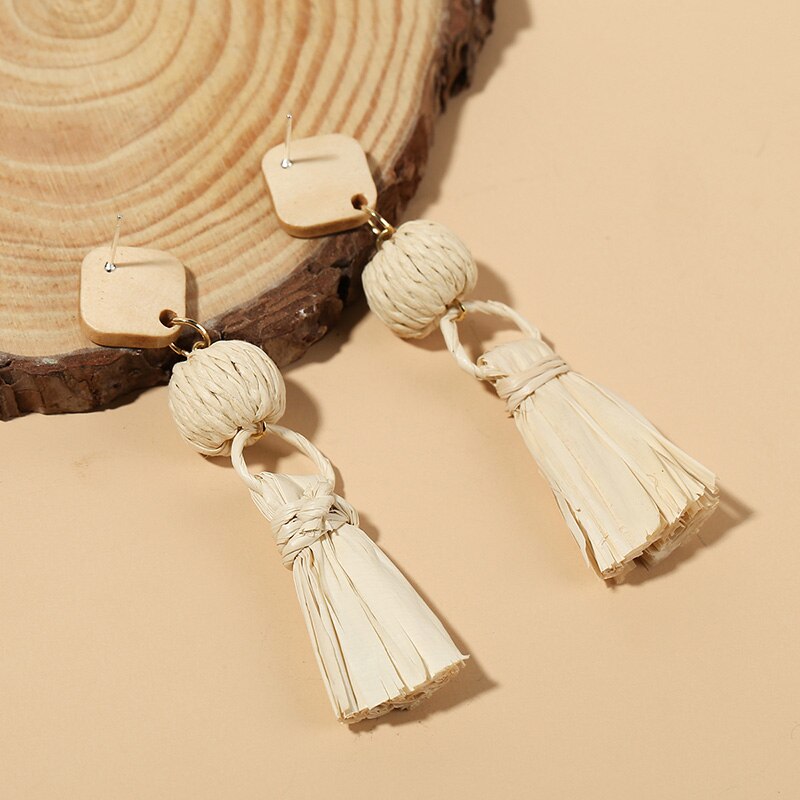 Bohemian Female Handmade Woven Vine Rattan Straw Earrings For Women Boho Geometric Square Wooden Dangle Earring Jewelry