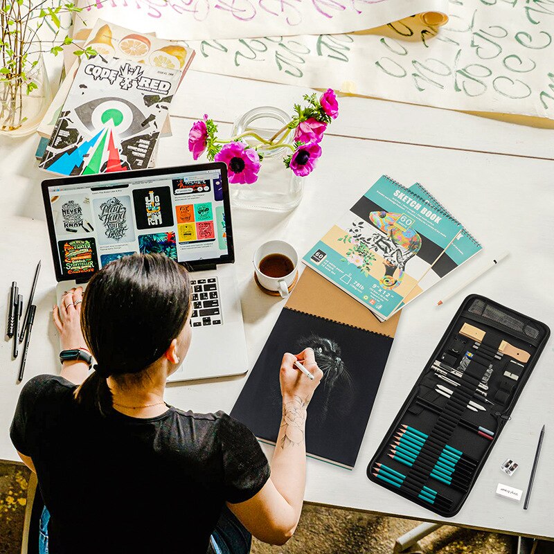 33/50-Piece Drawing &amp; Sketching Art Set - Ultimate Complete Artist Kit, Graphite and Charcoal Pencils &amp; Sticks, Pastels, Erasers