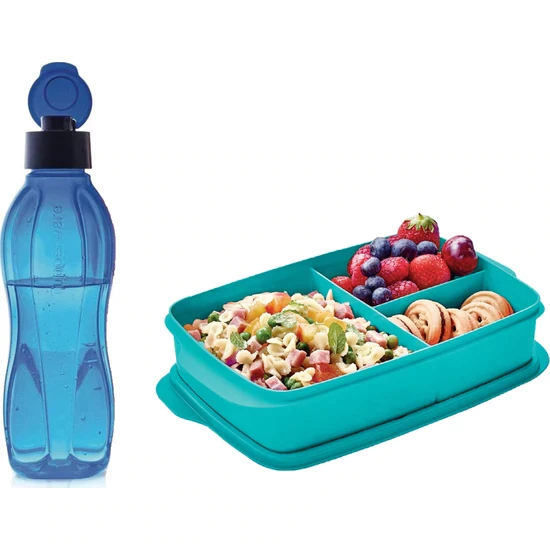 Tupperware Ernährung einstellen (Fach Mittagessen Kasten 1 l und Eco Flasche 750 ml Korallen) freundlicher Schule Arbeit Heimat Reise Gesunde: Blau