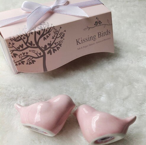 【KATEROSE】Kissing Birds Pink Ceramic Salt & Pepper Shakers Kitchen Wedding Favors