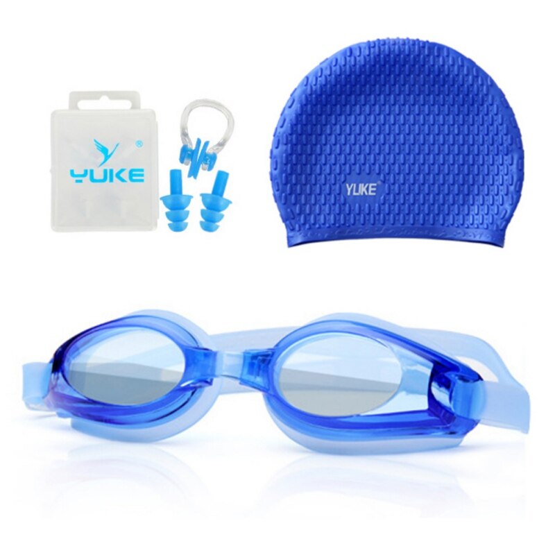 4 in 1 waterdichte anti-condens uv-bescherming surf zwembril zwembril en muts set volwassen zwembril zwemmutsen oordopjes: Blauw