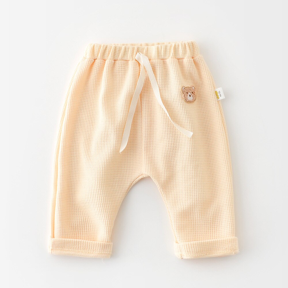 Frühling Baby Jungen lässig Kordel Mitte Taille Schlauch Kleinkind Mädchen Nette Karikatur Bär Patch Hosen 2022 Waffel Neugeborenen Kleidung: Beige / 9M 73cm