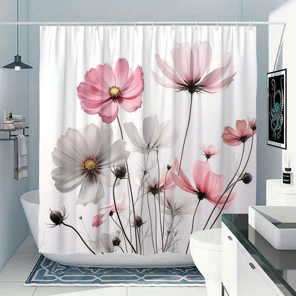 Charming Floral Shower Curtain for a Romantic and Inviting Bathroom, Featuring Delicate Pink and White Cosmos Flowers