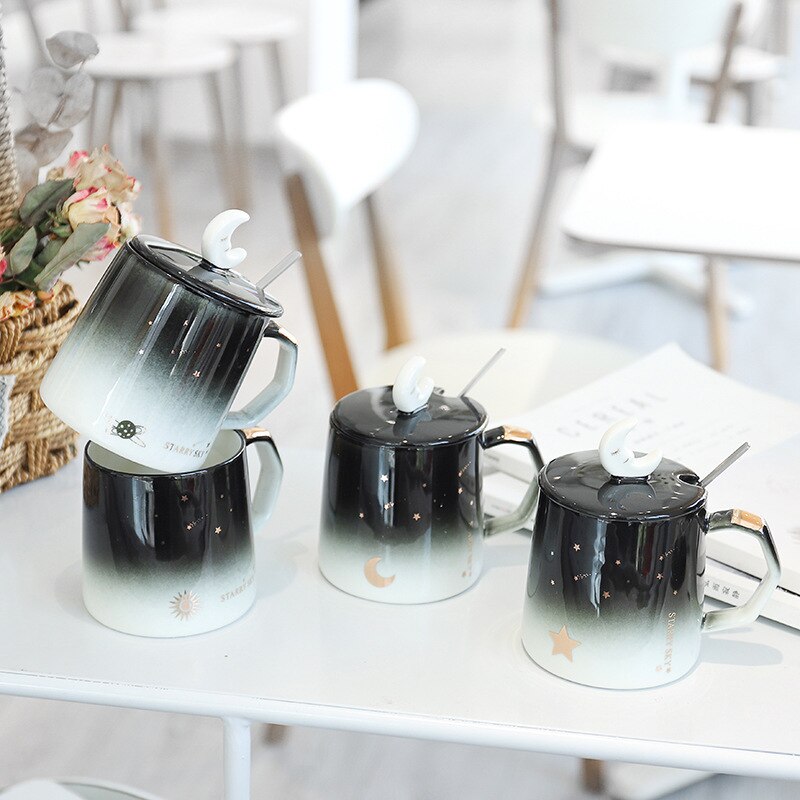 Gradient Sterrenhemel Mok Met Deksel Lepel Leuke Water Cup Koreaanse Stijl Persoonlijkheid Kantoor Huishoudelijke Koffie Mokken Paar Kopjes