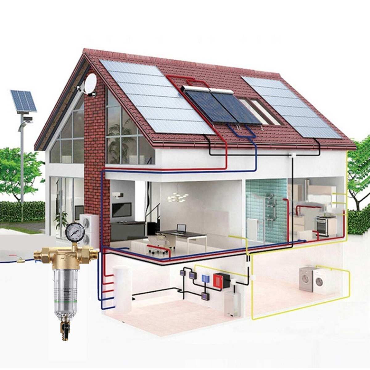 Water Pre Filter System 1 Inch & 1/2 Inch()Brass Mesh Prefilter Purifier W/ Reducer Adapter&Gauge Water Purifier Pre-filter