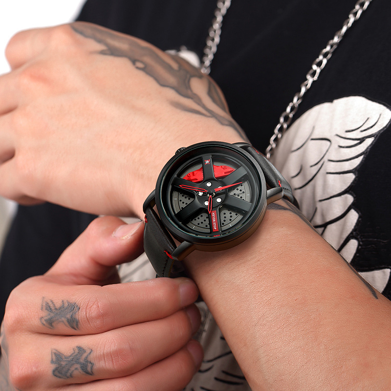 Reloj de UTHAI L98 para hombre, deportiva, personalidad, coche Hub 360 ° Reloj de pulsera de cuarzo para hombre de cuero resistente al agua con rotación