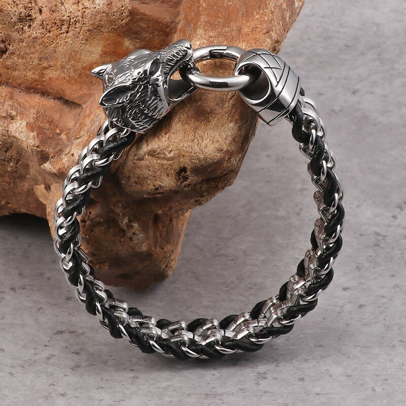 TrustyLan wickeln Leder Armbinde Männer Für Ihn 316L Edelstahl Punk Rocker Wolf Kopf Freundschaft Herren Armbänder & Armreifen