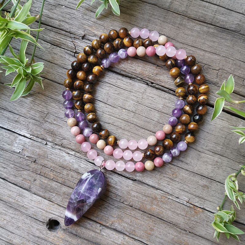 8mm Natural Stone Beads,Tigers Eye Pendant Necklace,Amethyst,Charming Bracelet,Spiritual Power Jewelry,108 Mala Beads: Steel color