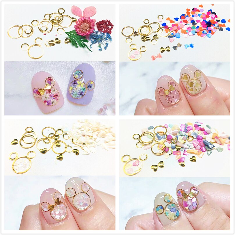 1 doos muis metaal 3d nageldecoraties gedroogde bloemen bedels dieren nagel paillette hart accessoires schelp manicure japans