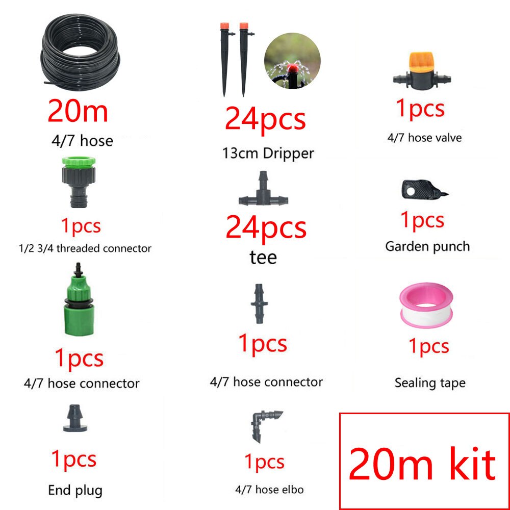 1/4" Hose Drip Irrigation System 360 Degree Adjustable 8 Hole Sprinkler Kit Garden Watering Inserting Ground Micro Flow Dripper: 20M