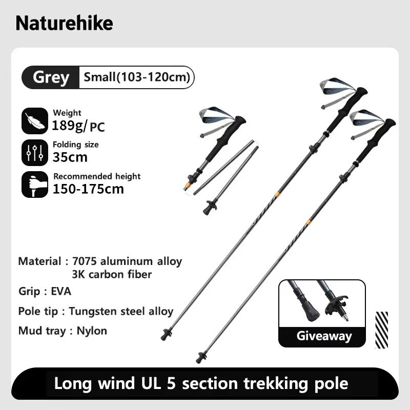 Naturehike Long Wind Trekking Poles Carbon Fiber 7075 Aluminum Alloy Five-section Folding Lightweight Walking Sticks Climbing: MULTI
