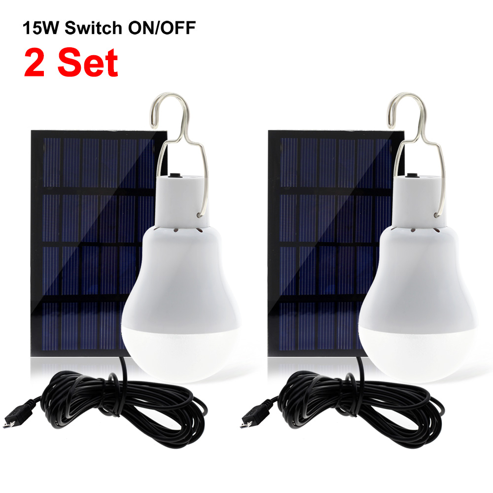 Portable Solar Lamp 15W LED Solar Light Bulb Solar Energy Panel Powered Emergency Tent Lights for Garden Outdoor Camping Fishing: Switch Type - 2 sets