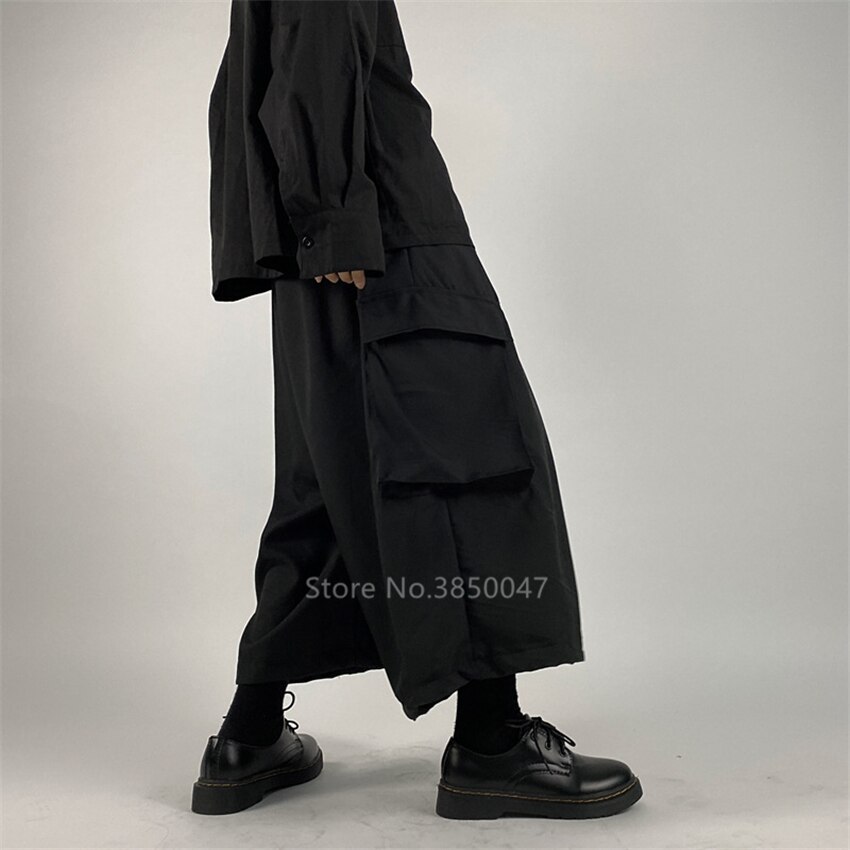 Harajuku Japanese Style Pants Haori Wide Leg Trousers Samurai Costume Black Gothic Harem Pants Kimono Loose Hip Hop Punk Yukata