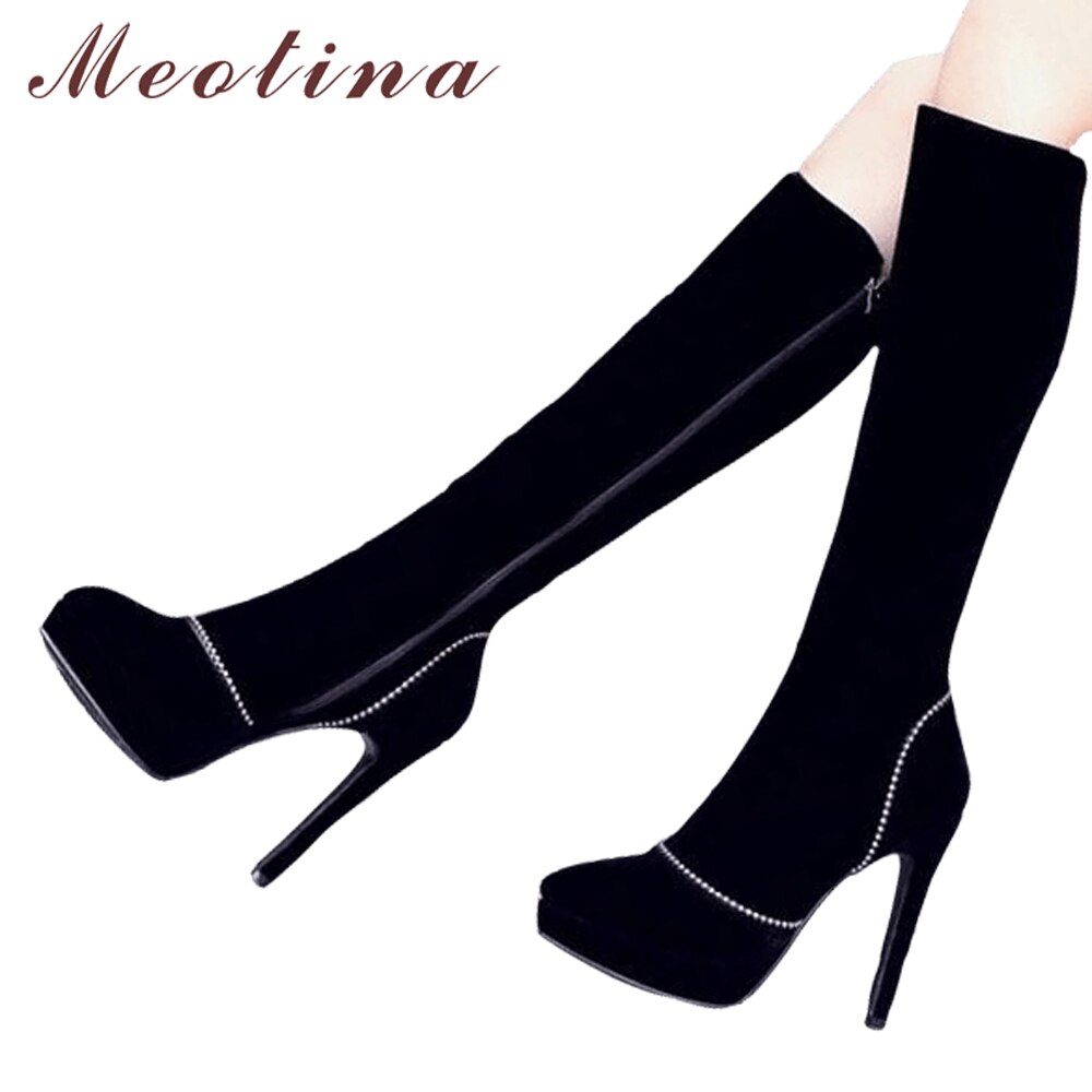 Meotina Knie Hoge Laarzen Vrouwen Schoenen Hoge Hak Laarzen Winter Platform Sexy Dames Lange Laarzen Herfst Stiletto Schoenen Zwart 33 -43