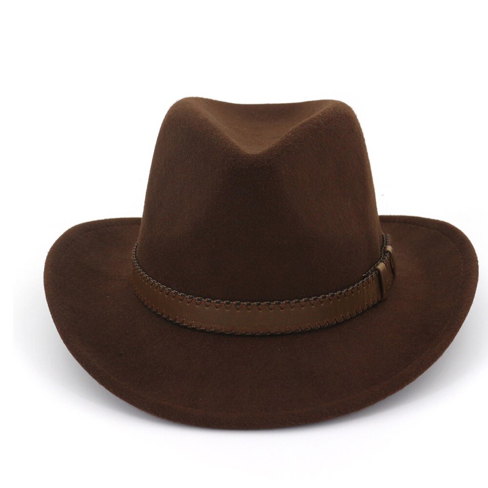 Unisex Men Women Wool Western Cowboy Hat With Punk Belt Outdoor Travel Sombrero Hombre Hat Size 56-58CM: Dark Coffee