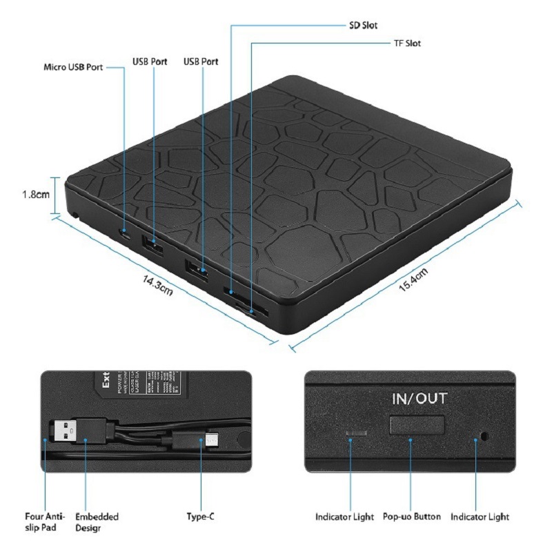 Hub usb externo multifuncional com unidade óptica, gravador de dvd, gravador de cd-r e leitor de cartões para computador, compatível com discos micro sd e tf.