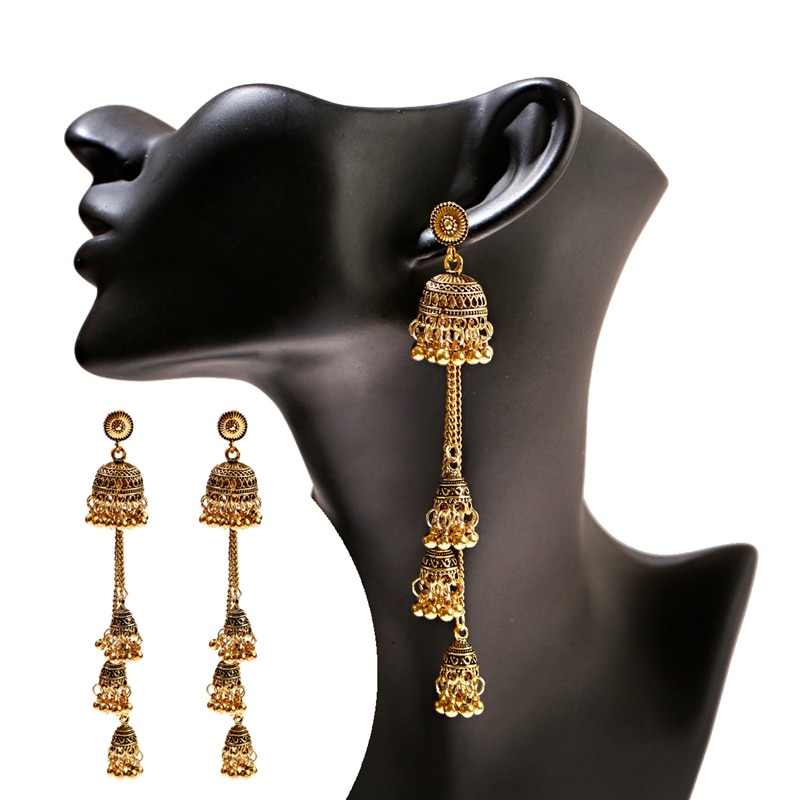 Retro Bollywood Oxidized Women Jhumka Indian Earrings Femmes Ethnic Gold Silver Color Afghan Bell Long Tassel Earrings