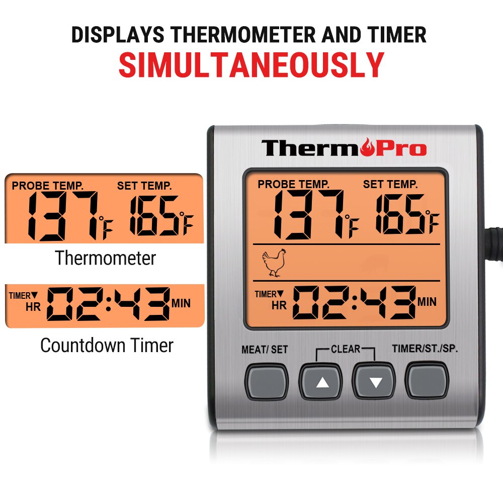 ThermoPro TP16S Digital Oven Thermometer Kitchen Meat Thermometeer With Timer Backlight BBQ Thermometer
