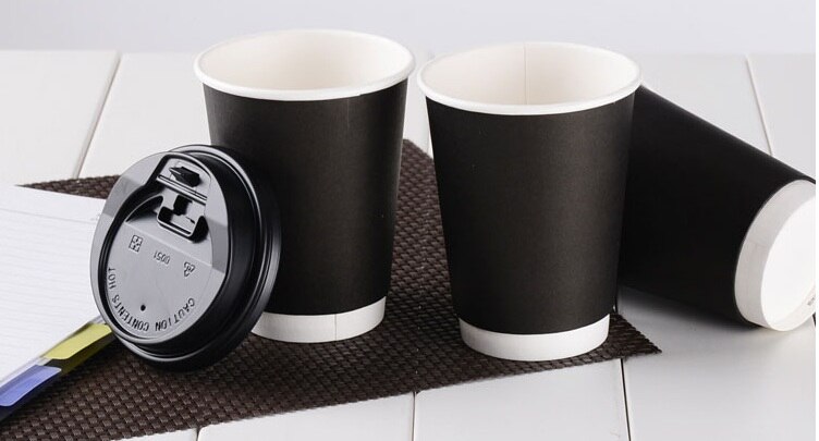 20 piezas-taza de papel negra de 400ml, taza de café desechable con aislamiento térmico de dos capas para cafeterías, Impresión de logotipo disponible