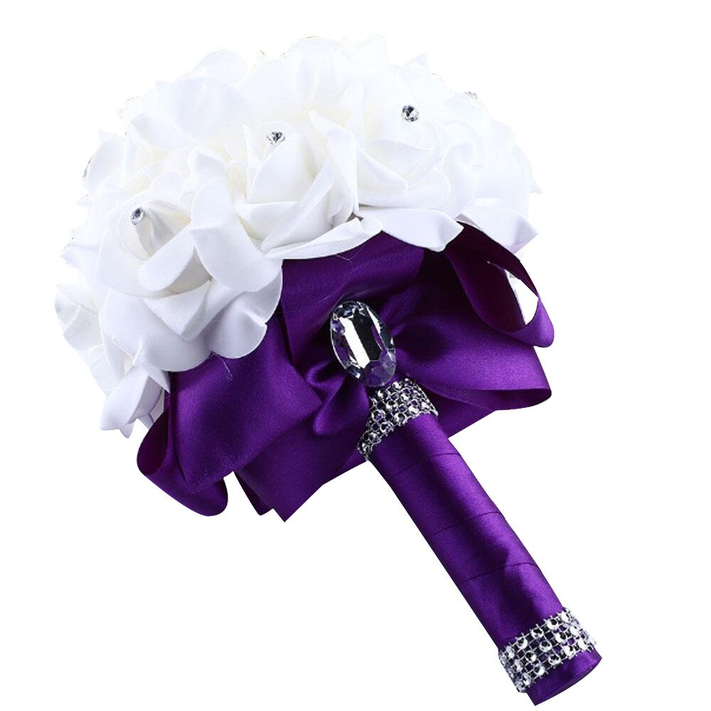 1Piece Cheap Bridesmaid Wedding Decoration Foam flowers Rose Bridal bouquet White Satin Romantic Party Garden bouquet#Y5: Purple