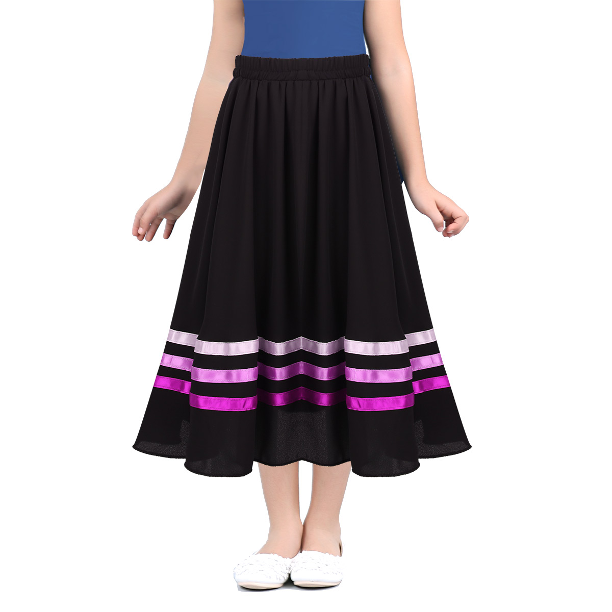 Jupes en mousseline de soie pour filles, taille élastique, Pull-On, rubans en cercle complet, jupe de Ballet, Costume de spectacle de danse sur scène