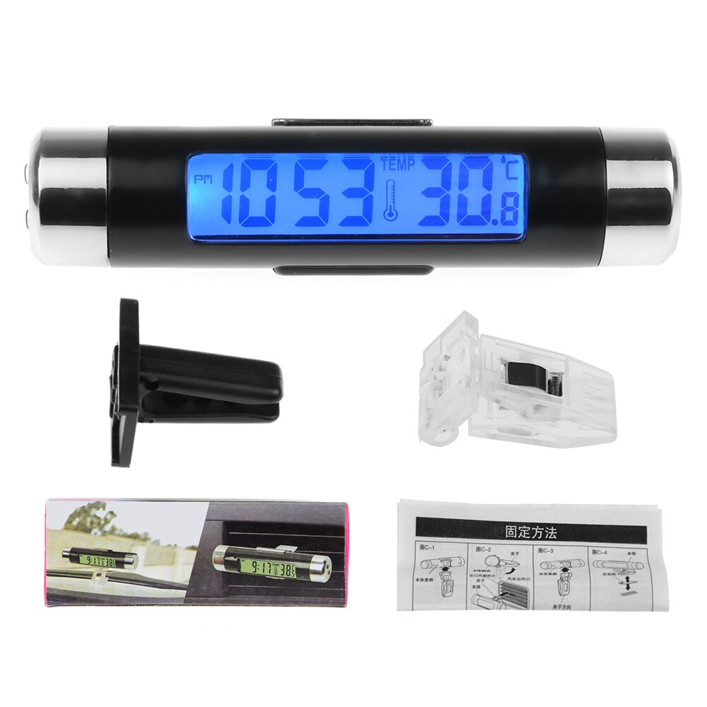 2- in- 1 auto lcd clip-on digitale temperatuur thermometer klok kalender auto blauwe achtergrondverlichting klok auto accessoires