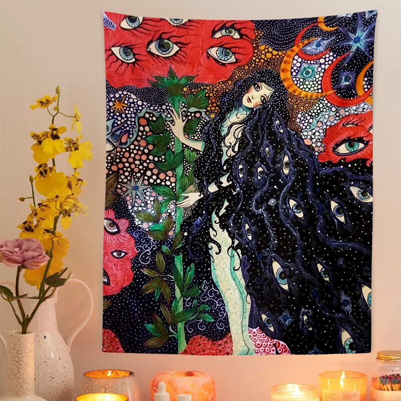 Tapisserie murale psychédélique pour filles, tapis floral céleste, tapis hippicopter Eye, décor de dortoir, tapis ciel étoilé