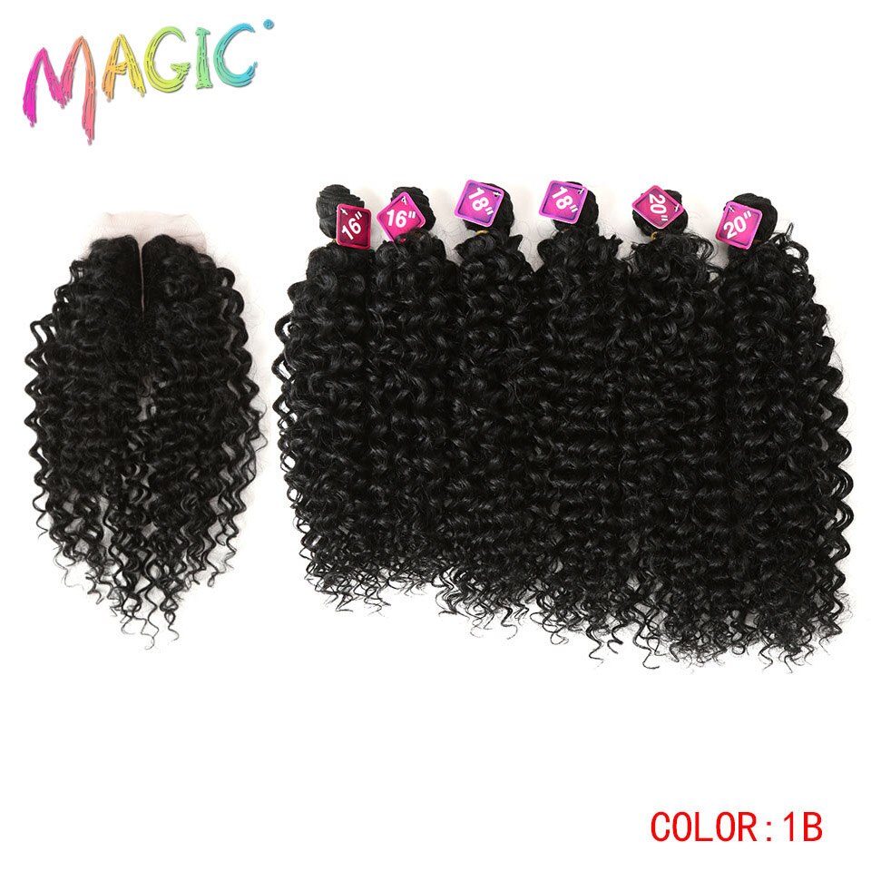 Magic Synthetic Afro Kinky Curly Hair Weave Hair 16-20 inch 7Pieces/lot Bundles With Closure African lace For Women hair Extens: #1B