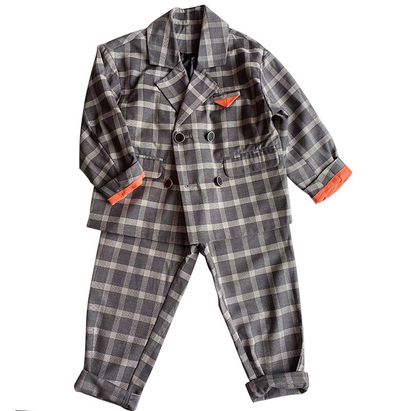 Set di abiti scozzesi per bambini ragazzi Leisure Grid Stripe Dress costumi Host bambini Blazer doppiopetto pantaloni 2 pezzi set di abbigliamento