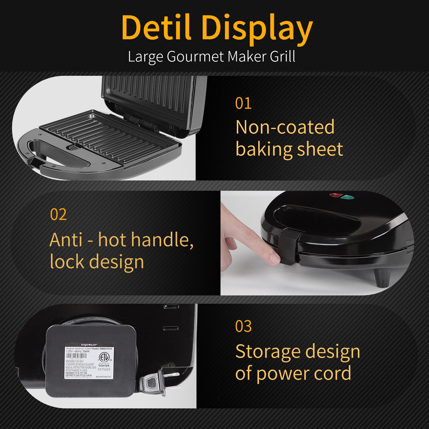 Aigostar Robin 30OGQ - Sandwichera 3 en 1: grill, gofres y sandwichera. 750W, placas antiadherentes extraíbles, termostato hasta 215ºC, almacenamiento vertical y asa de toque frío.