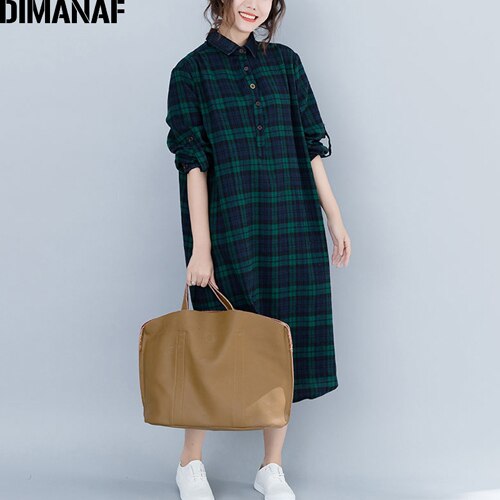 Dimanaf naisten mekot pitkähihaiset puuvilla vintage naisten vaatteet isot koot vestidos löysä printti ruudullinen naisten mekko syksy: Tao 8104cn- vihreää / Xxl