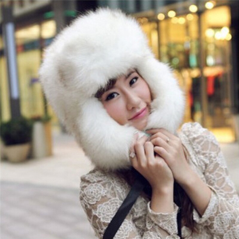 Sombreros de estilo cosaco ruso para mujer, gorros de piel sintética, cálidos, de invierno, con protección para las orejas, color negro, 027: White