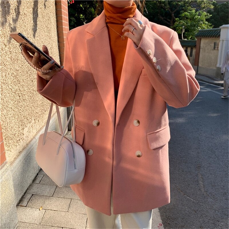 HziriP OL-Chaqueta de lana gruesa acolchada con muescas para mujer, Blazer minimalista, Tops de otoño e invierno, abrigo informal holgado: pink