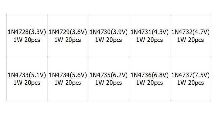 10 Values 200pcs (1N4728~1N4737) 1N4729 1N4730 1N4731 1N4732 1N4733 1N4734 1N4735 1N4736 Zener Diode Assortment Electronic Kit