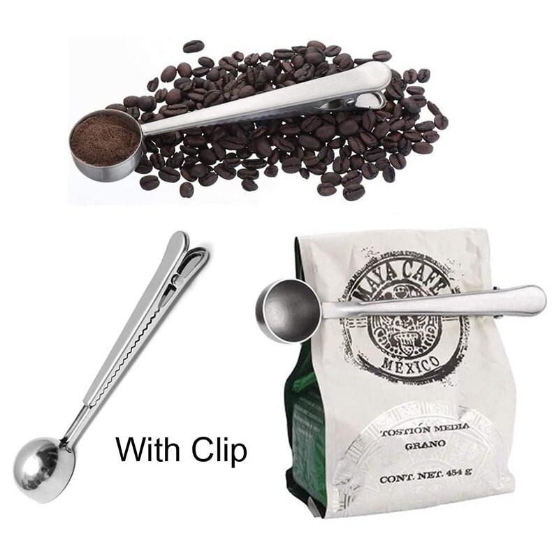 Cuchara de café 2 en 1 con Clip para bolsa, cuchara de café molida de acero inoxidable multifunción con Clip de sello para bolsa: Default Title