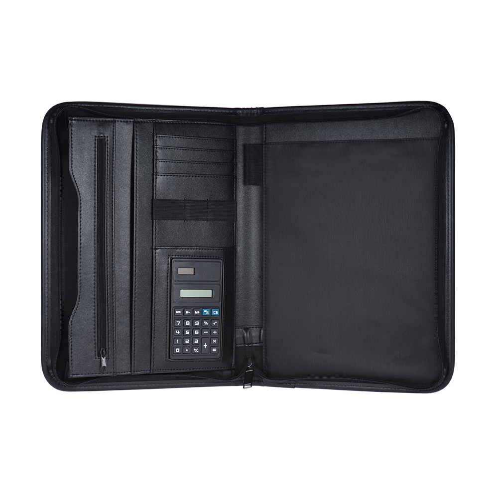 Multifunctional Business Zippered Portfolio Padfolio Folder Document Case Organizer A4 PU Leather with Card Holder