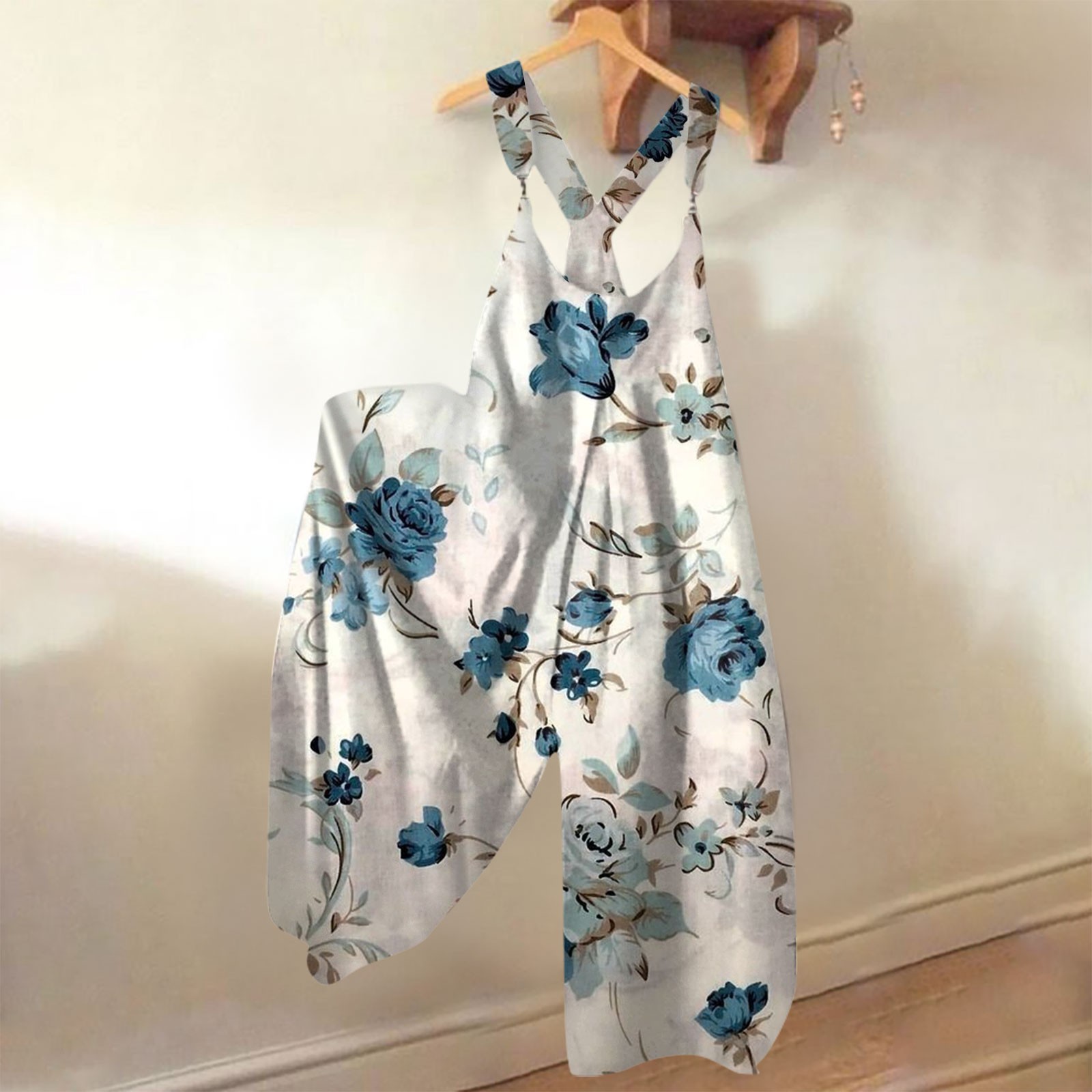 Brede overalls til kvinder, afslappet, løse ærmeløse jumpsuits med retroprint, metalknapper, lange bukser med lommer: Xl / Himmelblå