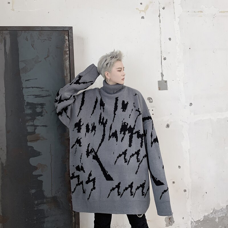 Suéter de punto de cuello alto holgado para hombre, ropa de calle de otoño e invierno, suéter informal grueso y cálido de estilo Hip Hop: Gris / M