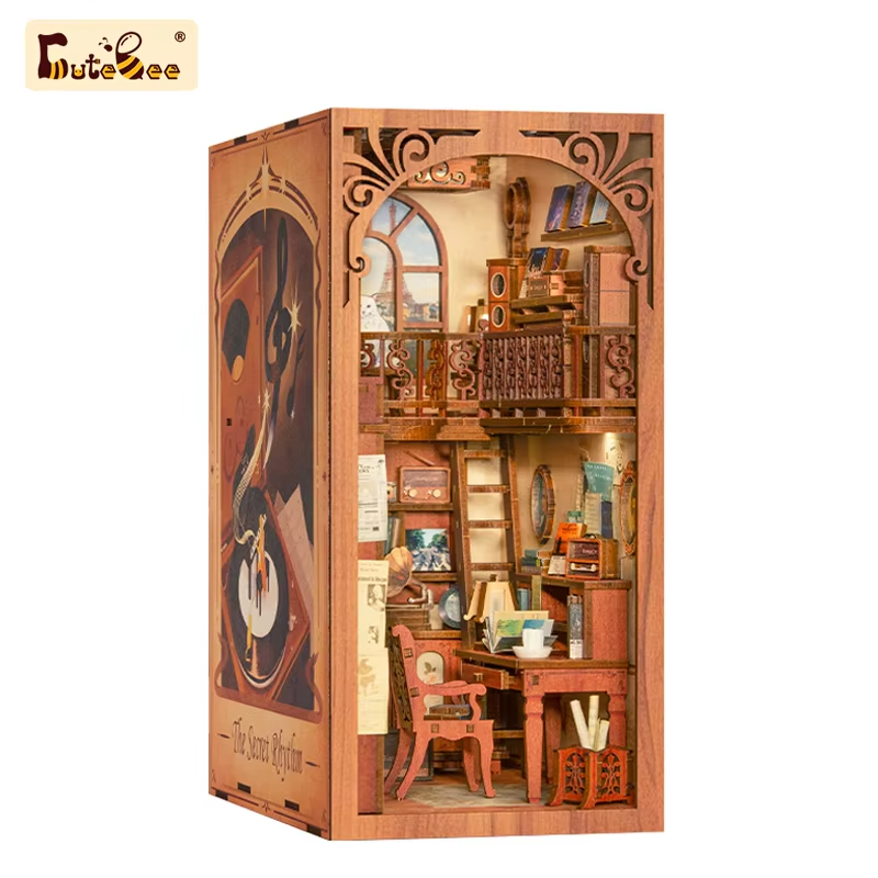 CUTEBEE Puzzle 3D DIY Book Nook Kit Wooden Bookend with Touch Light Secret Rhythm Music Booknook Building Decoration Model