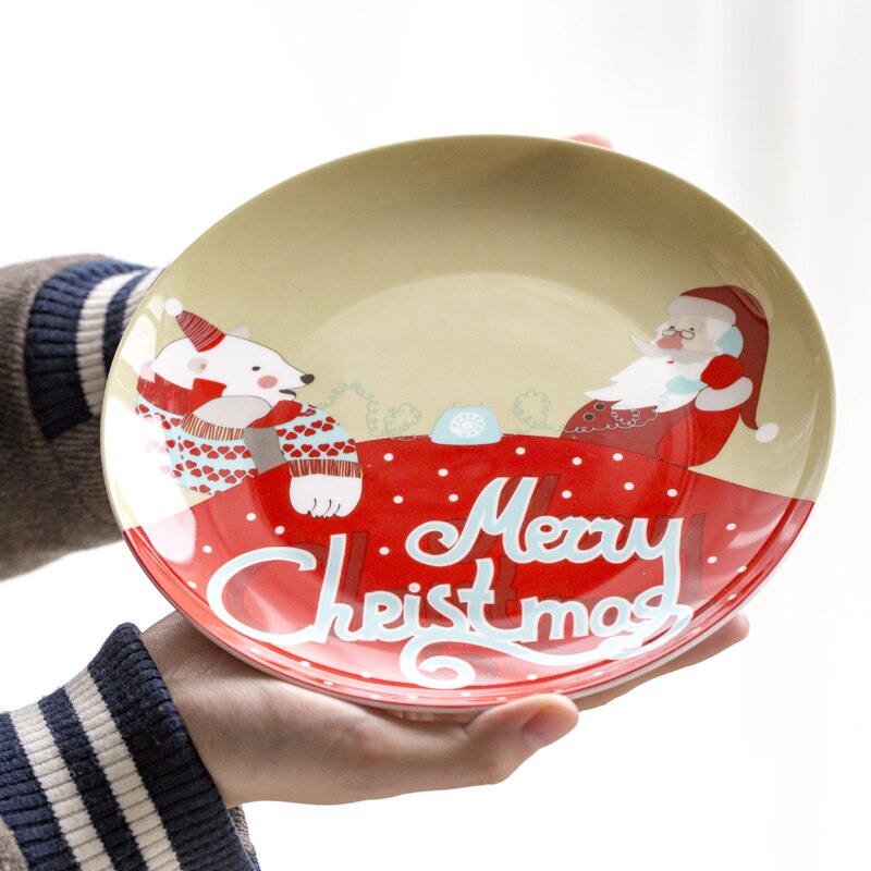 Christmas Dish Ceramic Plate Porcelain Tableware Dinner Set Salad Dish Tray Cake Pastry Fruit Serving Plates Restaurant 8'' 1pcs