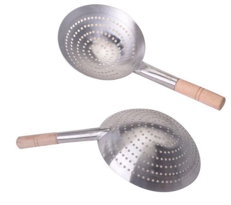 Large Big Thick Stainless Steel Mesh Strainer Colander wok wooden Handle Cookware Oil Flour Sifter Colander Kitchen Cooking wok
